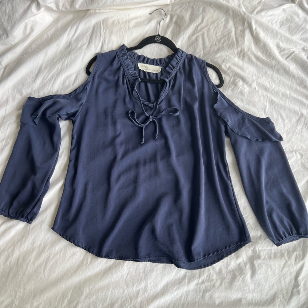 Blue Long Sleeve Cut Out Tie Front Blouse